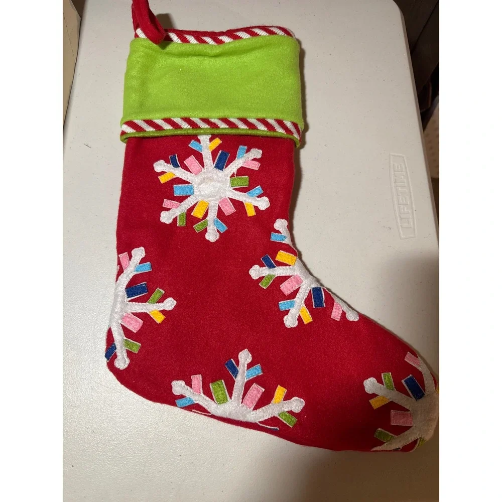 Tai-Pan Trading Red Snowflake Christmas Stocking Green Cuff Candy Cane Trim 16in